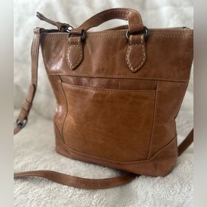 Frye Melissa small tote crossbody bag in tan leather.